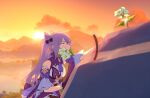  1girl bangs blue_eyes climbing cloud eyebrows_visible_through_hair flower gameplay_mechanics genshin_impact gloves keqing_(genshin_impact) landscape long_hair long_sleeves maiqo mountain mouth_hold nature outdoors scenery sky solo sparkle sunset sweat twintails 