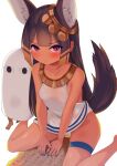 &lt;o&gt;_&lt;o&gt; 1girl animal_ear_fluff animal_ears bangs bare_arms bare_shoulders barefoot blue_nails blush breasts brown_hair closed_mouth collarbone dark_skin dark_skinned_female dress egyptian egyptian_clothes eyebrows_visible_through_hair hieroglyphics highres long_hair looking_at_viewer medjed_(mythology) nail_polish original panties purple_eyes simple_background sitting skindentation sleeveless sleeveless_dress small_breasts standing tail thigh_strap toy_box-r underwear v-shaped_eyebrows very_long_hair wariza white_background white_dress white_panties 