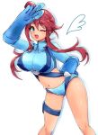  1girl ;d aqua_eyes blue_gloves blue_shirt blue_shorts breasts chemaru_(a8l) cowboy_shot gloves gym_leader hair_bun hand_on_hip large_breasts looking_at_viewer midriff navel one_eye_closed open_mouth pokemon pokemon_(game) pokemon_bw red_hair shiny shiny_skin shirt short_hair_with_long_locks short_shorts shorts skin_tight skyla_(pokemon) smile solo thighlet white_background 