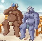  2021 absurd_res anthro beach belly bovid bovine brown_body bulge cattle clothing dessert duo eeveecholo food hi_res humanoid_hands ice_cream male mammal outside overweight overweight_male rhinocerotoid sad seaside sitting underwear 