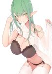  1girl absurdres bangs bare_shoulders blush breasts cleavage closed_mouth collarbone cowboy_shot crossed_bangs elf eyebrows_visible_through_hair garter_belt garter_straps grain green_eyes green_hair hair_between_eyes hands_up highres holding large_breasts long_hair looking_at_viewer midriff mouth_hold nail_polish navel original pointy_ears simple_background sleeveless solo thighhighs white_background white_legwear 