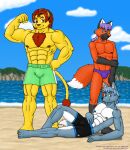  4_toes 5_fingers abs anthro barefoot beach better_version_at_source biceps black_nose blue_hair body_hair brown_eyebrows brown_eyes brown_hair brown_nipples brown_nose canid canine canis chest_hair claws clothing cloud dipstick_tail eyebrows feet felid fingers flexing fox fur gloves_(marking) green_eyes grey_body grey_eyebrows grey_fur grey_nipples group group_picture hair hand_on_hip hand_on_stomach holding_arm leg_markings lion long_hair looking_at_viewer lying male mammal markings multicolored_body multicolored_fur multicolored_tail muscular muscular_anthro muscular_male nipples orange_body orange_fur outside pantherine pose purple_hair sand sea seaside socks_(marking) speedo standing swimming_trunks swimwear tail_tuft toes tuft vjmorales water white_claws wolf yellow_body yellow_fur 