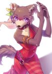  accessory anthro armband beastars biped breasts canid canine canis cheek_tuft clothed clothing collar digital_media_(artwork) dress exposed_shoulder facial_tuft female fur hair hair_accessory hi_res juno_(beastars) looking_at_viewer mammal multicolored_body multicolored_fur pose purple_eyes red_clothing red_dress simple_background slim solo standing swaybat tuft wolf 