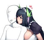  1boy 1girl arm_between_breasts bangs beeeeen_213 between_breasts blue_eyes breasts commander_(last_origin) faceless faceless_male flower hair_flower hair_ornament heart hetero huge_breasts last_origin lips lipstick_mark long_hair maid maid_headdress oberonia_rhea parted_lips puffy_short_sleeves puffy_sleeves short_sleeves simple_background smile very_long_hair white_background 