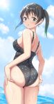  1girl absurdres ass black_hair black_swimsuit blue_sky casual_one-piece_swimsuit cloud commentary_request cowboy_shot day from_behind green_eyes highres lens_flare love_live! love_live!_nijigasaki_high_school_idol_club medium_hair one-piece_swimsuit outdoors polka_dot polka_dot_swimsuit sky solo standing sun swimsuit takasaki_yuu tenpa_(tenpa2190) twintails 