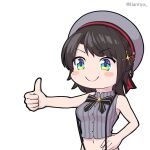  1girl artist_name bangs bare_shoulders beret black_hair black_ribbon blue_eyes blush_stickers c: chibi commentary english_commentary green_eyes grey_shirt hand_on_hip hat hololive midriff multicolored multicolored_eyes navel oozora_subaru outstretched_hand ribbon shirt short_hair sleeveless solo striped striped_shirt suspenders swept_bangs thumbs_up tian_nya transparent_background twitter_username upper_body virtual_youtuber white_headwear 