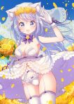  1girl :d animal_ear_fluff animal_ears arm_up armpits bare_arms bare_shoulders bouquet bow bowtie breasts bridal_veil cat_ears center_opening cleavage cowboy_shot criss-cross_halter detached_collar dress floating_hair flower garter_belt gloves groin halterneck highres holding kawanobe lace-trimmed_panties lace_trim large_breasts long_hair looking_at_viewer moe2021 navel no_bra open_mouth original outdoors panties petals purple_eyes purple_hair revealing_clothes sleeveless sleeveless_dress smile solo spaghetti_strap standing stomach string_panties sunflower thighhighs thighs underwear veil wedding_dress white_dress white_gloves white_legwear white_panties yellow_flower 
