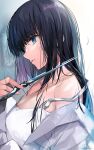  1girl black_hair blue_eyes bra_strap breasts cutting_hair cutting_own_hair eyebrows_visible_through_hair highres hirai_yuzuki holding holding_scissors long_hair medium_breasts off_shoulder original parted_lips scissors severed_hair solo 