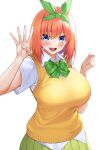  1girl bangs blue_eyes bow bowtie breasts go-toubun_no_hanayome green_neckwear hands_up highres large_breasts looking_at_viewer nakano_yotsuba open_mouth orange_hair school_uniform short_hair short_sleeves simple_background smile solo takocha white_background 