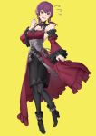  1girl absurdres alternate_costume bare_shoulders bernadetta_von_varley blush breasts cleavage cosplay dorothea_arnault dorothea_arnault_(cosplay) dress earrings ebinku english_commentary eyebrows_visible_through_hair fire_emblem fire_emblem:_three_houses flying_sweatdrops full_body grey_eyes high_heels highres jewelry looking_at_viewer pantyhose purple_hair short_hair simple_background sleeveless solo sweat tongue yellow_background 