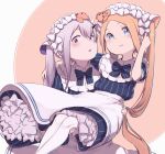  2girls abigail_williams_(fate) animal_ears apron bangs blonde_hair blue_dress blue_eyes blush bow breasts carrying cat_ears cook_heart_(fate) daisi_gi dress fate/grand_order fate_(series) forehead hair_bow highres horns lavinia_whateley_(fate) long_hair looking_at_viewer multiple_bows multiple_girls open_mouth parted_bangs princess_carry puffy_short_sleeves puffy_sleeves purple_eyes short_sleeves sidelocks single_horn small_breasts stuffed_animal stuffed_toy teddy_bear twintails white_hair 