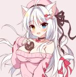  1girl :d aina_rive animal_ear_fluff animal_ears antenna_hair bare_shoulders beret between_breasts black_choker black_ribbon blush bow breasts cat_ears cat_girl cat_tail choker cleavage collarbone commentary_request grey_background hair_intakes hair_ribbon hand_up hat long_hair long_sleeves mauve medium_breasts off-shoulder_sweater off_shoulder open_mouth original pink_headwear pink_sweater red_bow ribbon simple_background sleeves_past_wrists smile solo sweater tail tail_bow tail_ornament tail_raised upper_body very_long_hair white_hair work_in_progress 