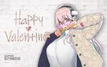  1girl breasts brick_wall headphones heart highres jacket large_breasts long_hair nail_polish nitroplus pink_eyes pink_hair solo sunglasses super_sonico sweater tsuji_santa valentine wallpaper 