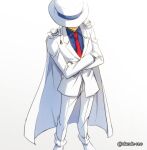  1boy blue_shirt cape closed_mouth collared_shirt commentary_request covered_eyes crossed_arms dande-reo dress_shirt formal gloves hat hat_over_eyes kaitou_kid long_sleeves magic_kaito male_focus monocle monocle_chain necktie red_neckwear shirt shoes short_hair simple_background smile solo standing suit top_hat twitter_username white_background white_cape white_footwear white_gloves white_headwear white_suit 