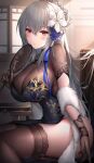  1girl azur_lane bangs black_dress black_gloves black_legwear blush breasts china_dress chinese_clothes cleavage dress eyebrows_visible_through_hair fan feather_boa fishnet_gloves fishnets flower from_side fur_trim garter_straps gloves hair_between_eyes hair_flower hair_ornament highres holding holding_fan indoors large_breasts long_hair looking_at_viewer mole mole_under_eye official_alternate_costume oyuwari parted_lips red_eyes saint-louis_(alluring_administrator)_(azur_lane) saint-louis_(azur_lane) see-through silver_hair sitting solo sunlight thighhighs thighs white_flower 