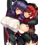  2girls aiguillette arms_behind_head azur_lane bangs beret black_headwear blush bra_through_clothes breast_grab breasts brown_eyes cape covered_navel eyebrows_visible_through_hair gloves grabbing grabbing_from_behind hat highres huge_breasts long_hair long_sleeves looking_at_another multiple_girls open_mouth pola_(azur_lane) purple_hair red_eyes red_hair satou_daiji side_ponytail sidelocks simple_background skindentation smile standing twintails white_background white_gloves zara_(azur_lane) 