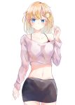  1girl blonde_hair blue_eyes blush breasts closed_mouth eyebrows_visible_through_hair hair_ornament highres hololive hololive_english looking_at_viewer navel ornament shironekokfp short_hair smile solo standing virtual_youtuber watson_amelia white_background 