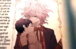  2boys ahoge bangs black_hair black_jacket blue_eyes book bow brown_hair carrying commentary_request danganronpa_(series) danganronpa_2:_goodbye_despair german_text grey_eyes grey_hair highres hinata_hajime jacket komaeda_nagito long_sleeves looking_at_viewer male_focus messy_hair multiple_boys princess_carry red_bow red_neckwear shirt short_hair short_sleeves smile upper_body vest white_shirt yosuga_(hridayam) 