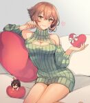  1girl bow breasts brown_hair candy character_doll chocolate chocolate_heart cleavage cleavage_cutout closed_mouth clothing_cutout couch cushion detached_sleeves dress food green_eyes green_sweater hair_bow heart highres kantai_collection kasumi_(skchkko) large_breasts looking_at_viewer mutsu_(kancolle) nagato_(kancolle) red_eyes ribbed_sweater short_hair sitting smile solo sweater sweater_dress valentine 