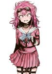  1girl arm_at_side bangs barbed_wire black_choker black_gloves blush braid breasts choker clenched_teeth collarbone cosplay cowboy_shot crying crying_with_eyes_open danganronpa_(series) danganronpa_2:_goodbye_despair fingerless_gloves genderswap genderswap_(mtf) gloves goggles goggles_on_head hand_up highres iruma_miu iruma_miu_(cosplay) long_sleeves looking_at_viewer medium_breasts o-ring o-ring_top pink_eyes pink_hair pink_shirt pink_skirt pleated_skirt school_uniform serafuku sharp_teeth shirt side_braid simple_background skirt solo souda_kazuichi standing tears teeth thigh_strap uzicha white_background 