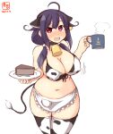  1girl ahoge alternate_costume anchor_symbol animal_ears apron artist_logo bell bikini breasts cake cake_slice chocolate_cake cleavage commentary_request cow_ears cow_tail cowbell cup dated ear_tag fake_animal_ears food frilled_apron frills hair_flaps highres kanon_(kurogane_knights) kantai_collection large_breasts low_twintails mug navel purple_hair red_eyes side-tie_bikini simple_background solo standing swimsuit taigei_(kancolle) tail thighhighs twintails waist_apron white_apron white_background white_bikini white_legwear 