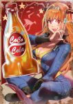  1girl :d absurdres asacoco blush breasts cleavage cosplay crossed_legs dragon_girl dragon_horns dragon_tail fallout_(series) fallout_4 fangs highres holding holding_syringe hololive horns kiryuu_coco large_breasts nuka_cola open_mouth pointy_ears red_eyes sandal_master sitting smile solo syringe tail vault_boy vault_boy_(cosplay) virtual_youtuber 
