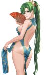  1girl ass back bangs bare_back bare_shoulders blue_dress blush breasts dress earrings fan fire_emblem fire_emblem:_the_blazing_blade folding_fan green_eyes green_hair hair_ornament high_ponytail highres j@ck jewelry large_breasts long_hair looking_at_viewer lyn_(fire_emblem) pelvic_curtain ponytail simple_background smile thighs 