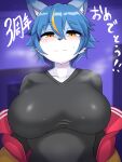  3:4 absurd_res anthro big_breasts blonde_highlights blue_body blue_fur blue_hair blush bodily_fluids breasts canid canine clothed clothing female fox fur hair half-length_portrait hi_res highlights_(coloring) japanese_text kemono mammal misaki_furry515 multicolored_body multicolored_fur nanahoshi_suzu portrait short_hair solo sweat sweatdrop text translation_request two_tone_body two_tone_fur white_body white_fur yellow_eyes 