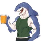  2020 5_fingers alcohol anthro beer beverage blue_eyes clothed clothing digital_media_(artwork) fingers fish gills holding_beverage holding_object male marine muscular muscular_anthro muscular_male navel open_mouth piercing shark simple_background smile solo teeth topwear tuxtux 