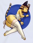  3_toes 4_fingers animal_crossing ankha_(animal_crossing) anthro blue_hair breasts butt clothing digital_media_(artwork) domestic_cat egyptian feet felid feline felis female fingers frown fur gallogally hair legwear looking_at_viewer lying mammal nintendo on_side solo stockings striped_hair striped_tail stripes toes video_games yellow_body 