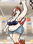  3:4 absurd_res anthro avian big_breasts bird blush bottomwear bra breasts butt checkered_flag clothing cutoffs denim denim_clothing female gallardo green_eyes hi_res non-mammal_breasts shorts slightly_chubby solo underwear 