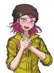  1boy bangs beanie black_headwear blush braid collarbone cowboy_shot danganronpa_(series) danganronpa_2:_goodbye_despair drooling earrings hands_up hat highres jewelry jumpsuit looking_at_viewer male_focus medium_hair official_style open_mouth parody pink_eyes pink_hair sharp_teeth side_braid simple_background souda_kazuichi sweat sweating_profusely teeth upper_body uzicha white_background yellow_jumpsuit 