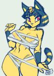  2021 4_fingers animal_crossing ankha_(animal_crossing) anthro bandage big_breasts blue_hair breasts clothed clothing digital_media_(artwork) domestic_cat egyptian felid feline felis female fingers fur hair inuki mammal nintendo red_eyes simple_background skimpy solo standing uraeus video_games white_background yellow_body 