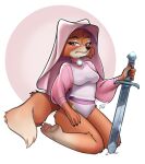 3_toes 4_fingers anthro breasts brown_eyes brown_nose canid canine clothing digital_media_(artwork) disney feet female fingers fox frown fur gallogally hand_on_leg headgear headwear holding_object holding_weapon maid_marian mammal melee_weapon orange_body orange_fur panties pawpads paws red_fox robin_hood_(disney) simple_background sitting sitting_on_knees solo sword toes topwear underwear weapon white_body white_fur 