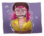  bangs beanie black_headwear border bound crying crying_with_eyes_open danganronpa_(series) danganronpa_2:_goodbye_despair gag gagged grey_shirt hat highres hood jumpsuit looking_at_viewer medium_hair outline pink_eyes pink_hair purple_background rope_gag saliva shirt solo souda_kazuichi tears tied_up translation_request trembling upper_body uzicha white_border white_outline yellow_jumpsuit 
