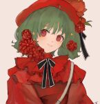  1girl alternate_costume bangs beret black_bow blush bow eyebrows_visible_through_hair flower green_hair hat highres light_smile looking_to_the_side macross macross_frontier osatsu_a ranka_lee red_eyes red_flower red_headwear short_hair smile solo symbol_commentary 
