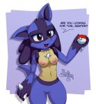  absurd_res anthro areola b0liy0 barely_visible_genitalia barely_visible_pussy blue_body blue_ears blue_fur breasts chest_spike english_text female front_view fur fur_tuft genitals hand_spike hi_res holding_object holding_pok&eacute;ball lucario nintendo nipples nude open_mouth open_smile pink_areola pink_nipples pok&eacute;ball pok&eacute;mon pok&eacute;mon_(species) pussy red_eyes red_tongue smile solo spikes spikes_(anatomy) standard_pok&eacute;ball text tongue tuft video_games 