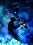  1boy blue_background blue_theme dog_shadow_puppet feet_out_of_frame fushiguro_megumi glowing glowing_eye harada_miyuki high_collar highres jujutsu_kaisen long_sleeves male_focus own_hands_together pants shadow_puppet short_hair silhouette solo spiked_hair standing 