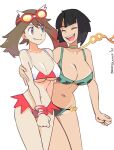  2girls alternate_breast_size arm_around_shoulder artist_name bangs bikini black_bikini black_hair blue_eyes bracelet breasts brown_hair cleavage closed_eyes collar commentary cosplay cowboy_shot curvy dated english_commentary english_text fang gen_3_pokemon green_bikini green_neckwear groin hair_between_eyes highleg highleg_bikini highleg_swimsuit jewelry large_breasts latias latias_(cosplay) legendary_pokemon may_(pokemon) medium_breasts multicolored multicolored_bikini multicolored_clothes multiple_girls navel open_mouth pokemon pokemon_(game) pokemon_oras pokemon_rse rayquaza rayquaza_(cosplay) red_bikini shiny shiny_skin sidelocks simple_background sooperman sunglasses swimsuit tan tanline tareme upper_teeth white_background white_bikini zinnia_(pokemon) 