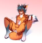  anal anal_fingering anthro anus balls chest_tuft ear_tuft erection fingering fingering_self genitals green_eyes hair hi_res horn inner_ear_fluff looking_at_genitalia looking_at_penis male masturbation neck_tuft penis sabertoothed_cat sitting smile solo spots spread_legs spreading striped_tail stripes teal_hair tuft tzerhyn_(rainbowspylenol) ziffir 