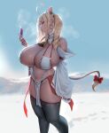  animal_humanoid big_breasts blonde_hair bottomwear bovid bovid_humanoid bovine bovine_humanoid breasts cattle_humanoid cellphone clothing cowbell ear_piercing ear_ring eu03 female hair hi_res huge_breasts humanoid legwear loincloth mammal mammal_humanoid phone piercing solo thigh_highs 