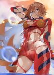  1girl arm_up blue_eyes bodysuit breasts brown_hair closed_mouth cloud evangelion:_3.0+1.0_thrice_upon_a_time from_below highres looking_at_viewer mecha_pilot_suit medium_breasts navel_peek neon_genesis_evangelion orange_sky plugsuit_(evangelion) rebuild_of_evangelion red_bodysuit skin_tight sky smile solo souryuu_asuka_langley torn_bodysuit torn_clothes water_drop yagisawa_teru 