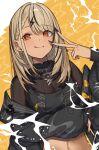  :p black_hair black_jacket black_nails black_shirt blonde_hair blush bow braid chain chain_necklace cropped_shirt dark-skinned_female dark_skin dutch_angle earrings fang hair_ornament highres jacket jewelry kaminari_qpi kaminari_qpi_(5th_costume) lightning_background lightning_bolt_earrings lightning_bolt_hair_ornament lightning_bolt_symbol long_hair midriff multicolored_hair multicolored_jacket necklace off_shoulder orange_eyes piercing ringozeri see-through_cleavage see-through_clothes shirt sleeves_past_wrists streaked_hair tongue tongue_out upper_body v_over_face virtual_youtuber vspo! yellow_bow yellow_jacket zipper zipper_pull_tab 