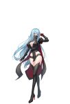  1girl arm_up black_boots black_shirt black_shorts black_thighhighs blue_eyes blue_hair boots breasts cape cleavage closers crop_top crossed_legs full_body gloves hand_up high_heel_boots high_heels highres large_breasts long_hair long_sleeves looking_at_viewer mask micro_shorts midriff mouth_mask official_art pelvic_curtain plunging_neckline shirt shorts simple_background solo standing thigh_boots thighhighs thighs two-tone_gloves very_long_hair violet_(closers) watson_cross white_background 