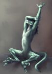 anthro black_hair claws digital_media_(artwork) durachev elysianaut featureless_crotch feet green_body hair hi_res leo_(maaarked_one) lizard lizard_tail male nude nude_anthro nude_male reptile scalie sickle_claw simple_background sitting solo stretching tail toe_claws toes