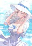  1girl absurdres blue_background blue_eyes blue_ribbon blush breasts ceras_yanagida_lilienfeld ceras_yanagida_lilienfeld_(summer_casual) closed_mouth collarbone commentary_request cropped_jacket dress dress_ribbon expressionless floating_hair grey_hair hair_ribbon hat highres jacket large_breasts link!_like!_love_live! long_hair love_live! nekomaru_nisei official_alternate_costume open_clothes open_jacket parted_lips pink_ribbon ribbon short-sleeved_jacket short_sleeves sleeveless sleeveless_dress solo sun_hat virtual_youtuber white_dress white_hat white_jacket 
