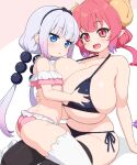  2girls bare_shoulders bikini black_bikini black_thighhighs blue_eyes breast_press breasts commentary_request dragon_horns frilled_bikini frills gigantic_breasts highres horns ilulu_(maidragon) jitome kanna_kamui kobayashi-san_chi_no_maidragon long_hair looking_at_viewer medium_hair multiple_girls off-shoulder_bikini off_shoulder open_mouth pink_bikini pink_hair pointy_ears red_eyes shirogane_hakuba side-tie_bikini_bottom simple_background skindentation slit_pupils smile swimsuit tareme thighhighs thighs white_hair white_thighhighs 