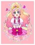  1girl blonde_hair blue_eyes border bow bowtie brooch buttons center_frills choker cropped_legs cure_flora dot_nose dress earrings eyelashes flower flower_choker flower_earrings frilled_gloves frilled_sleeves frills gloves go!_princess_precure gold_tiara gradient_hair hair_flower hair_ornament hands_on_own_chest happy haruno_haruka high_ponytail jewelry long_hair multicolored_hair open_mouth outline own_hands_clasped own_hands_together pink_background pink_bow pink_bowtie pink_dress pink_flower pink_hair pleated_dress ponytail precure puffy_short_sleeves puffy_sleeves short_ponytail short_sleeves smile solo square_neckline streaked_hair tareme tiara two-tone_hair very_long_hair waist_bow wavy_hair white_border white_flower white_gloves white_outline white_sleeves wrist_flower yosikawayuzu 