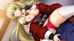  1boy 1girl belt belt_buckle blonde_hair blue_eyes blue_shirt bow bra bra_pull breasts buckle bulge clothes_down clothes_lift clothes_pull coat dutch_angle floating_hair game_cg girl_on_top hair_between_eyes hair_ornament hetero high_ponytail indoors inoino jacket kouyoku_senki_exs-tia large_breasts large_variant_set long_hair long_sleeves looking_at_viewer nipples non-web_source off_shoulder official_art open_clothes open_coat open_jacket open_mouth panties ponytail red_bra red_jacket red_panties rieszverne_suzette_paladill shirt skirt skirt_lift solo_focus straddling thighhighs underwear variant_set very_long_hair white_thighhighs 