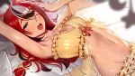  1girl ;o absurdres animal_ears armpits arms_up babydoll bare_arms bed_sheet black_hair bloomers blue_eyes braid breasts cleavage cleavage_cutout clothing_cutout commentary crossed_bangs double-parted_bangs frilled_babydoll front_slit groin hair_between_eyes hakos_baelz hakos_baelz_(strawberry) highres hololive hololive_english khoaphan96 looking_at_viewer lying medium_breasts mouse_ears mouse_girl multicolored_hair navel on_back one_eye_closed open_mouth red_hair sleepwear solo stomach strap_slip streaked_hair teeth upper_teeth_only virtual_youtuber white_hair yellow_babydoll 